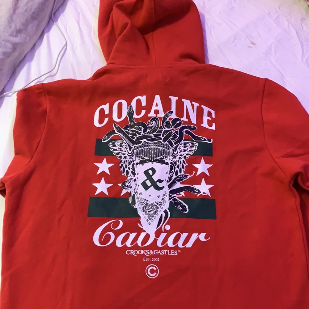 Crooks and Castles: Red Zip up Hoodie.